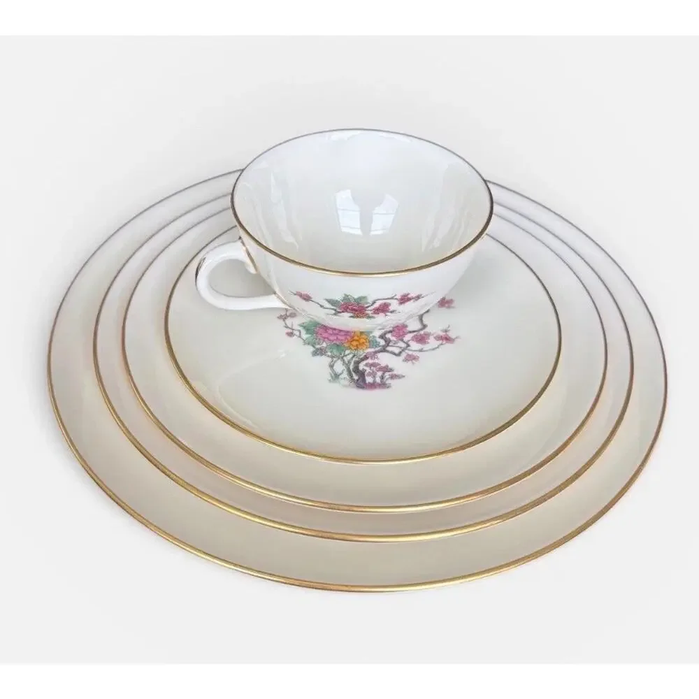 Lenox Ming Coupe X-300 5 pc Place Setting Gold Trim Floral Butterfly Dinnerware